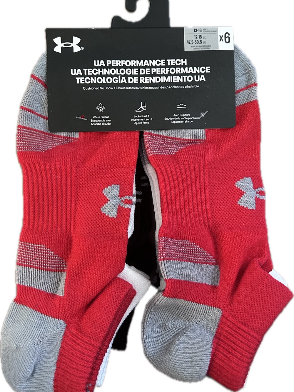 Under Armour Men's Red/White/Black Performance Tech No-Show Socks - Pack of 6